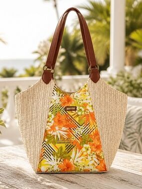 Sun And Sand Cream Straw Tote with Orange Floral Panel and Brown Handles